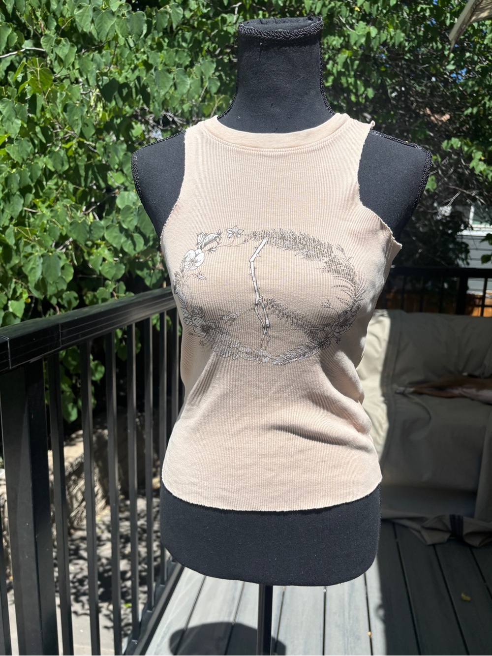 Beige Peace Graphic Ribbed Tank Top